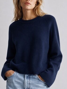 360 Cashmere Navy Blue Cashmere Sweater Wide Cuff Side Slit Pullover